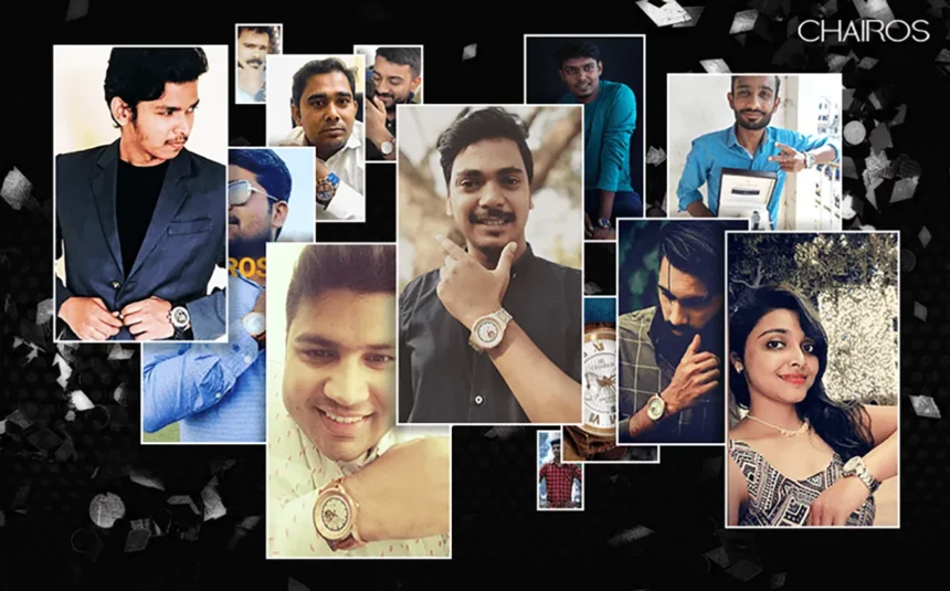A montage of QNET India customers displaying their CHAIROS watches on a black background
