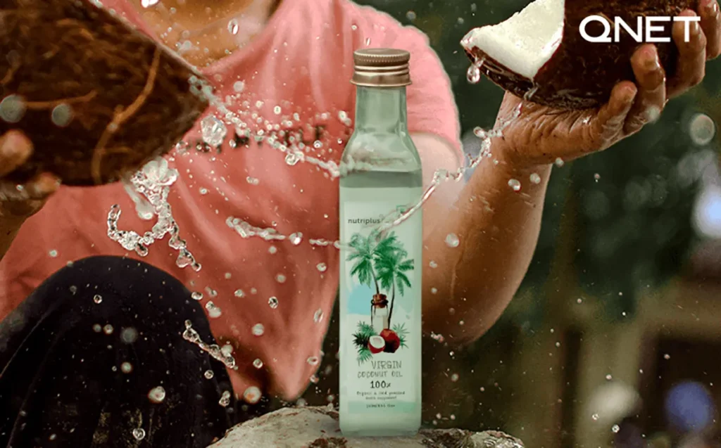 An image featuring coconuts and Nutriplus VCO