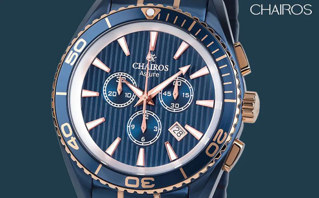 A close-up shot of the CHAIROS watch case with bezel