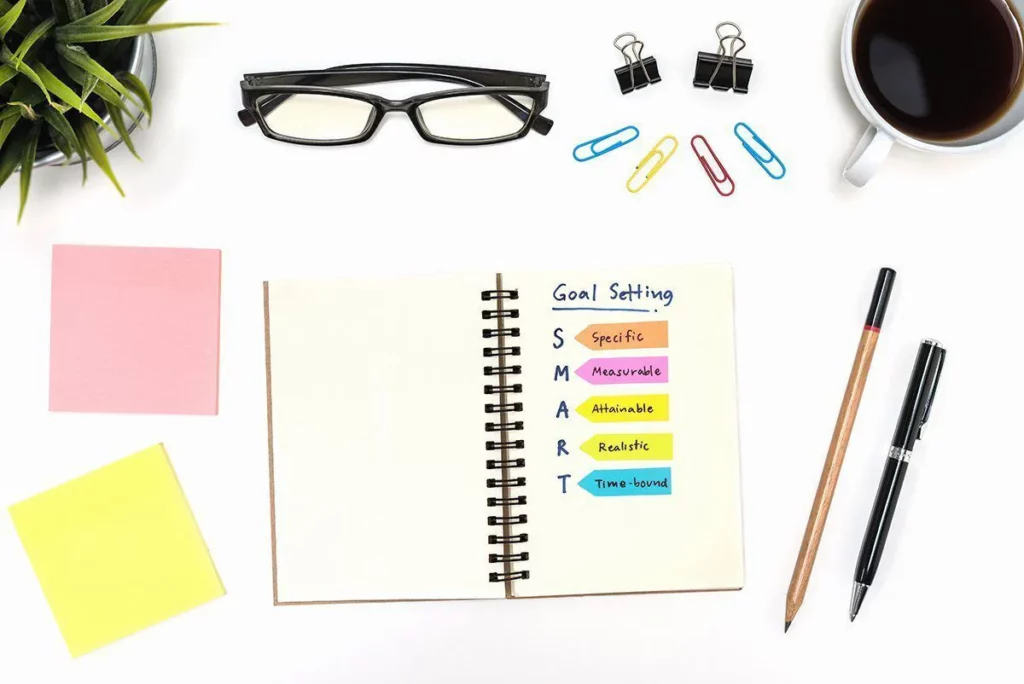 networking skills - book with a goals list and intention set
